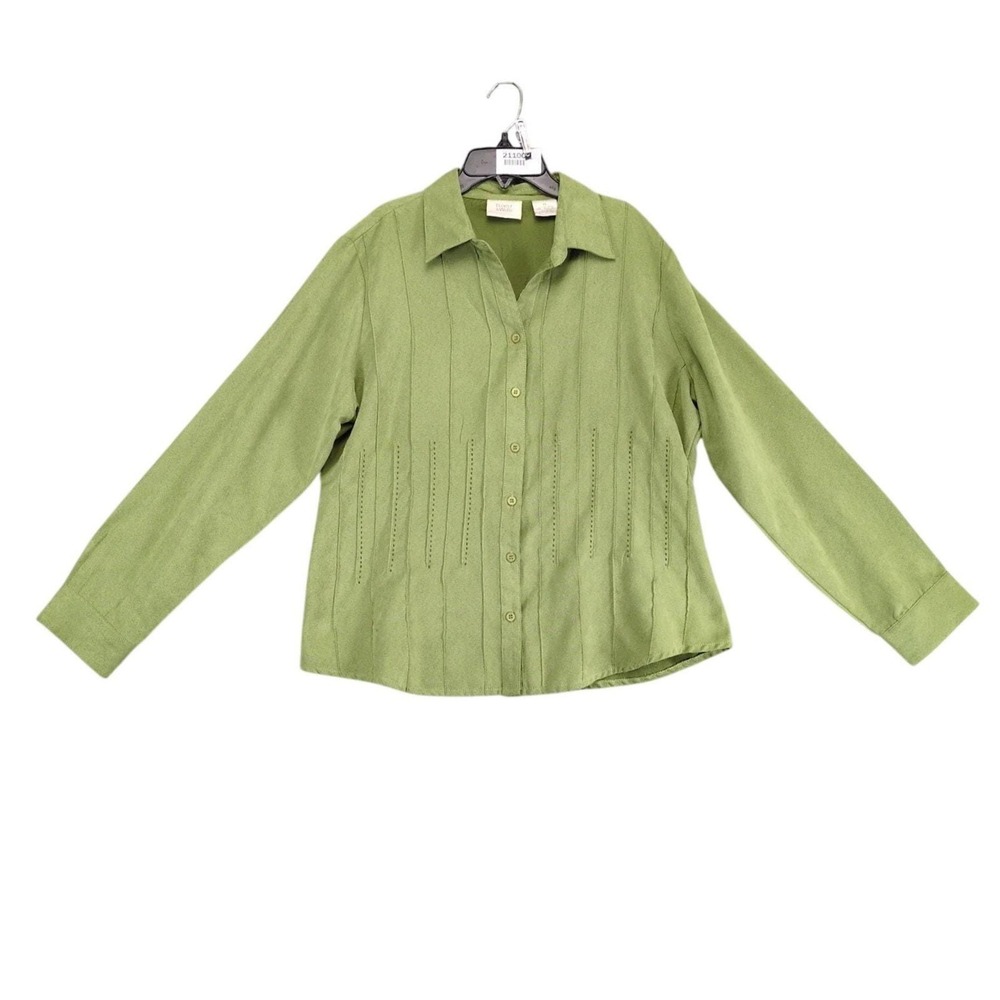 Vtg Baxter & Wells Green Faux Suede Button Up Shirt Women's XL Pintuck Pleats